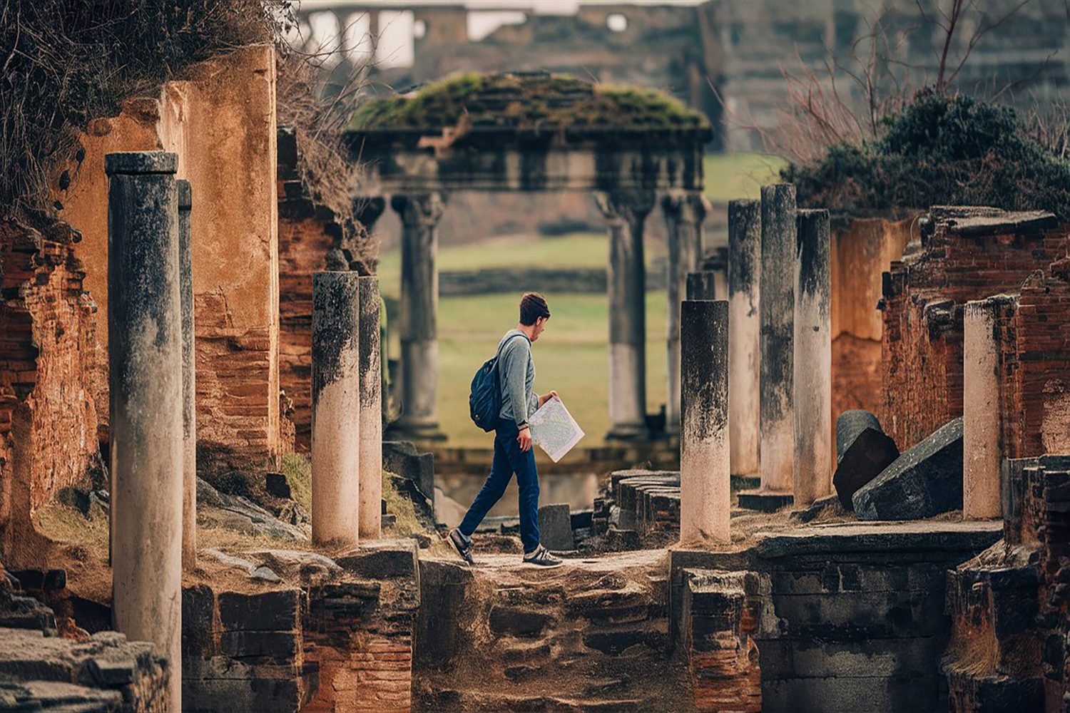 man-walks-through-ancient-ruins-with-backpack-his-back